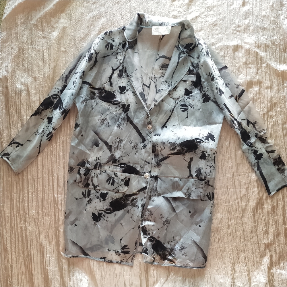 Bird and flower design SILK Transparent Jacket M